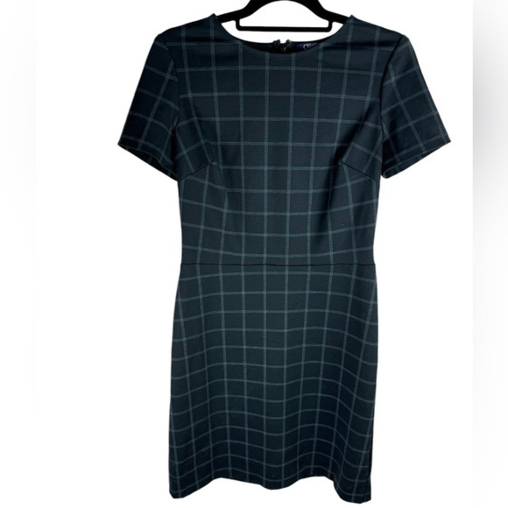 Chaps women’s black white short Sleeve Windowpane Check knee length Dress 2